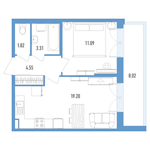 1-комнатная, 42 м² — ЖК ЖК Колумб