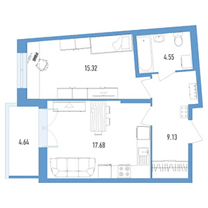 1-комнатная, 47.4 м² — ЖК ЖК Колумб