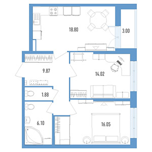 2-комнатная, 64 м² — ЖК ЖК Колумб