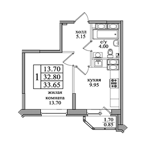 1-комнатная, 38 м² — ЖК ЖК Северная долина