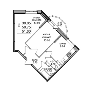 2-комнатная, 49.4 м² — ЖК ЖК Северная долина