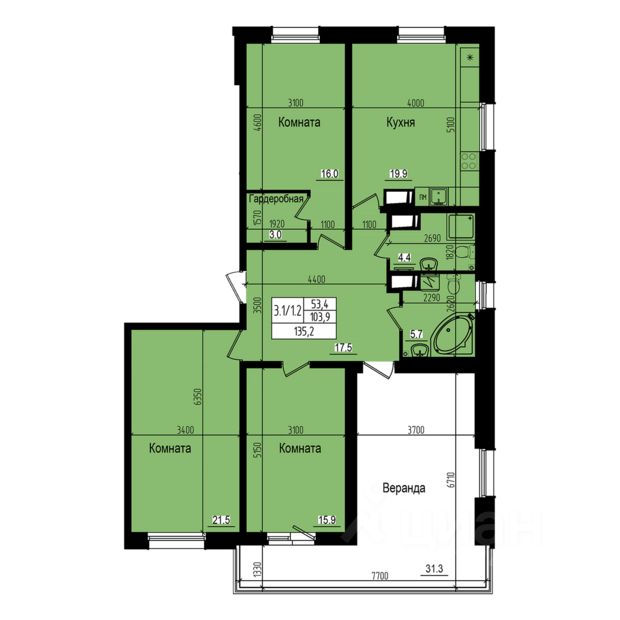 3-комнатная, 135.2 м² — ЖК ЖК Прагма city (Прагма сити)