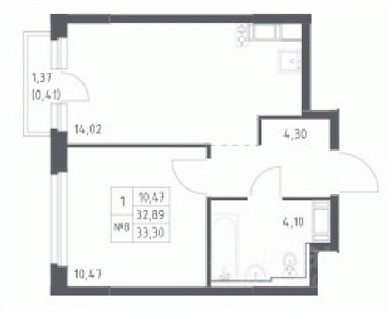 1-комнатная, 33.3 м² — ЖК ЖК Новое колпино