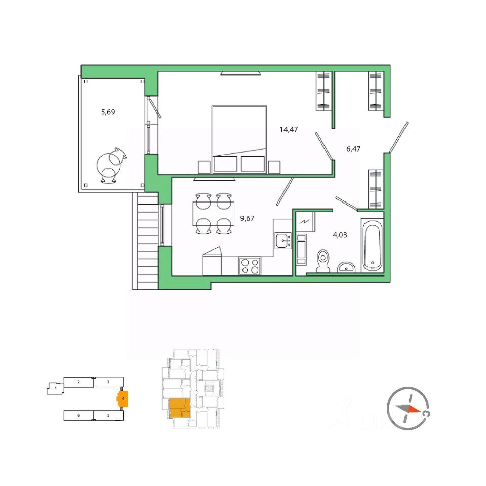 1-комнатная, 36.6 м² — ЖК ЖК Юттери