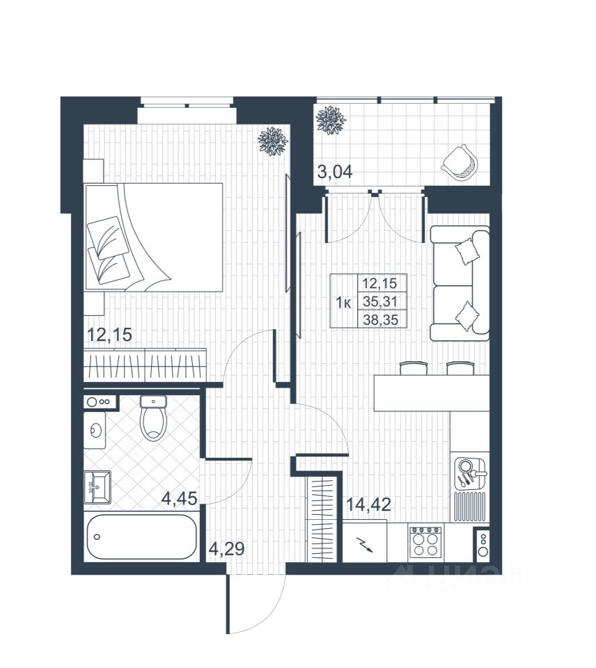 1-комнатная, 36.83 м² — ЖК ЖК Ново-Антропшино