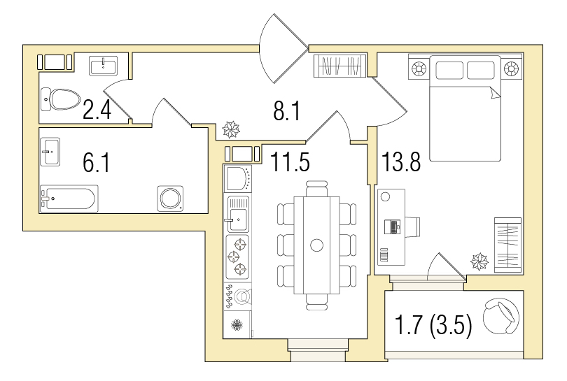 1-комнатная, 45 м² — ЖК ЖК Жемчужный берег