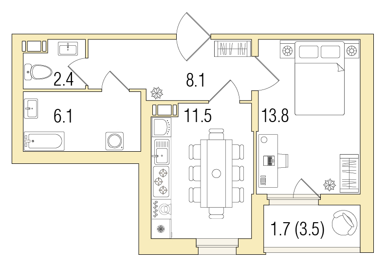 1-комнатная, 44 м² — ЖК ЖК Жемчужный берег