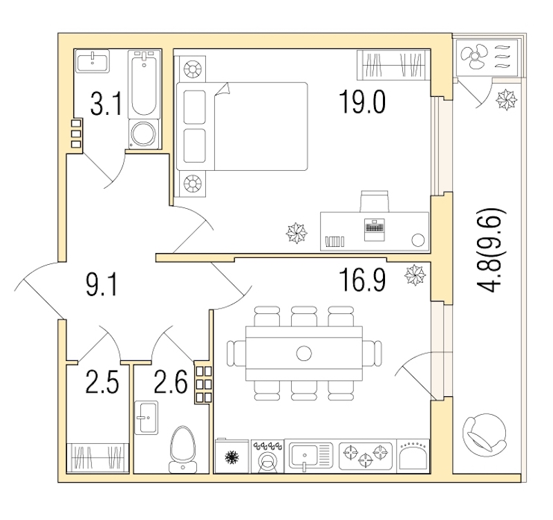 1-комнатная, 59 м² — ЖК ЖК Жемчужный берег