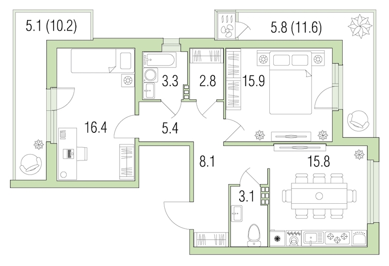 2-комнатная, 82 м² — ЖК ЖК Жемчужный берег