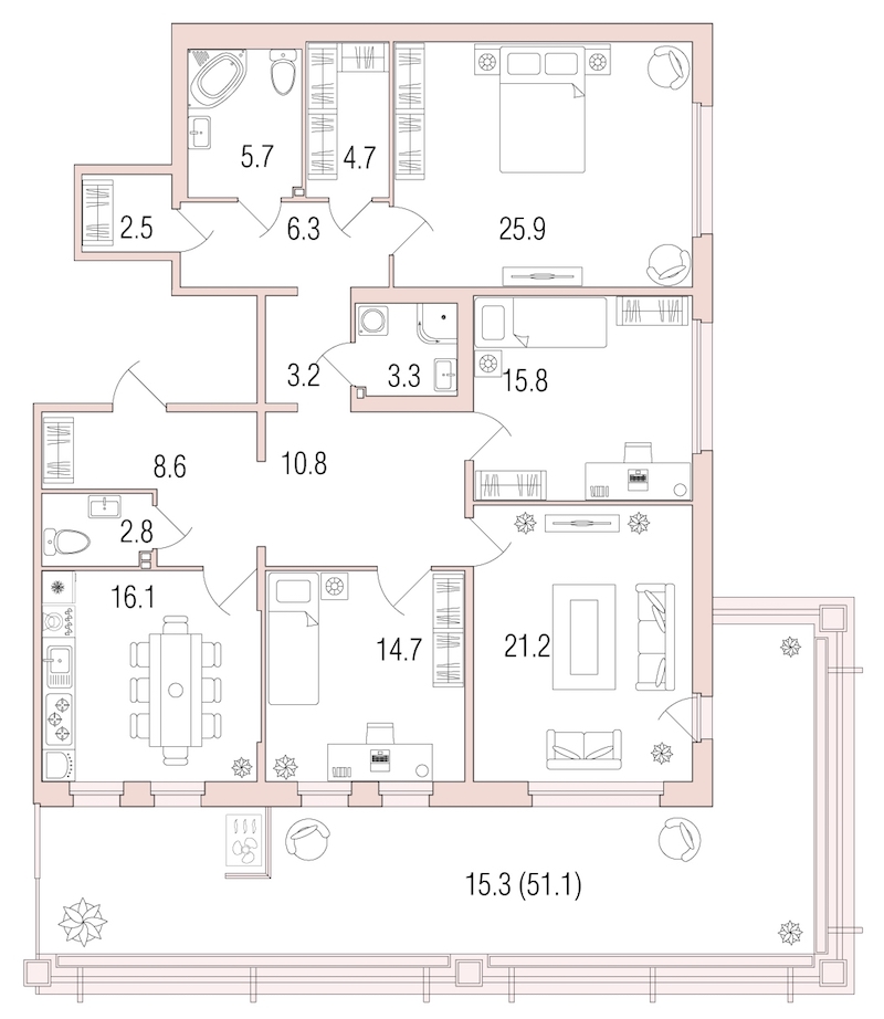 4-комнатная, 158 м² — ЖК ЖК Жемчужный берег