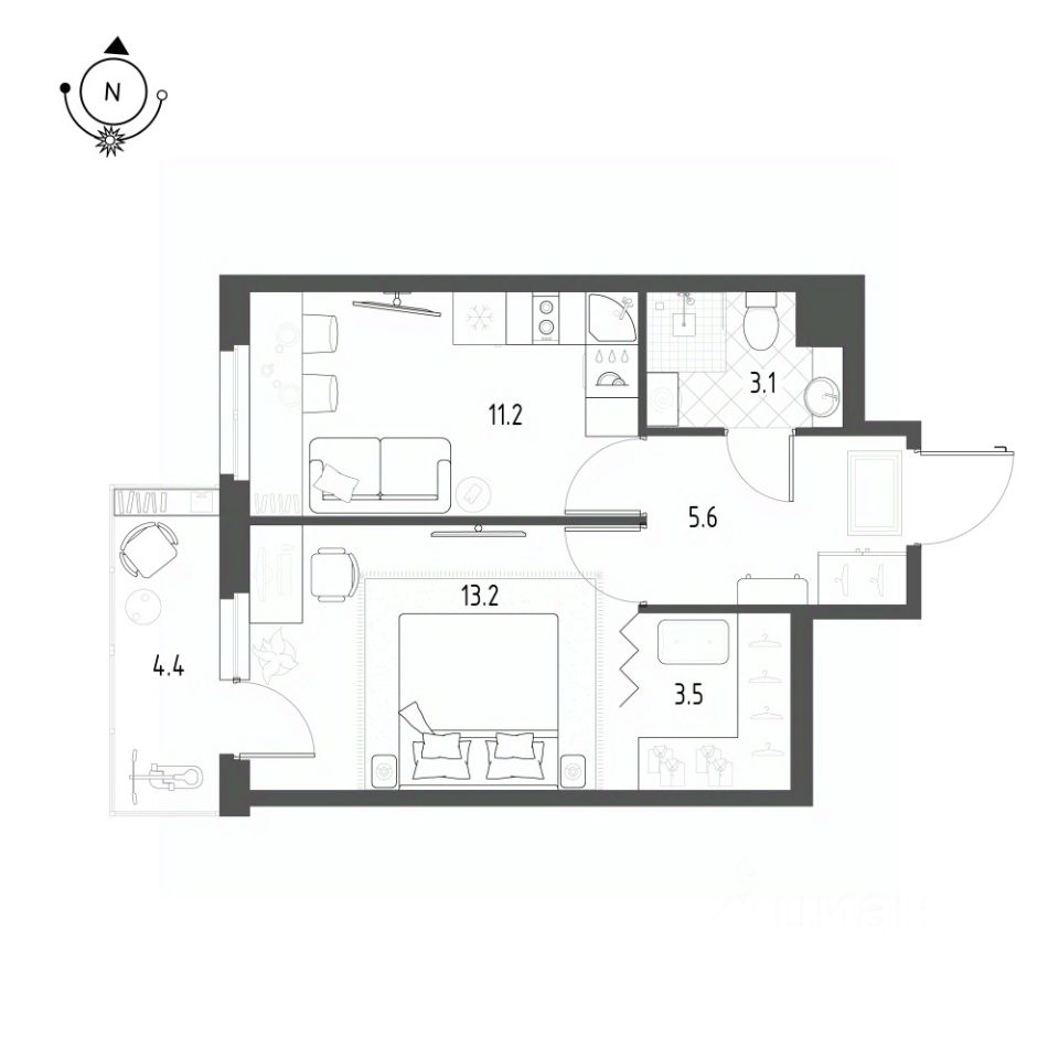 1-комнатная, 37.7 м² — ЖК ЖК Новоорловский