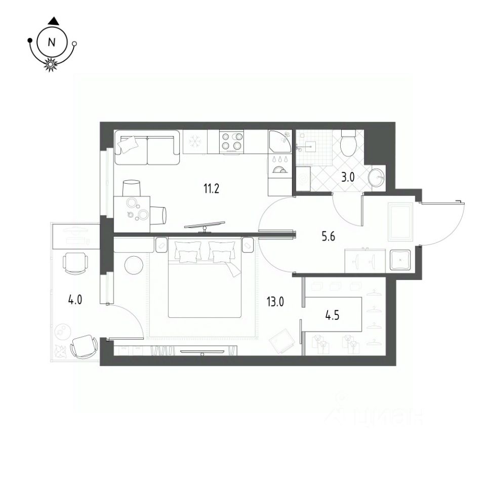 1-комнатная, 38.5 м² — ЖК ЖК Новоорловский