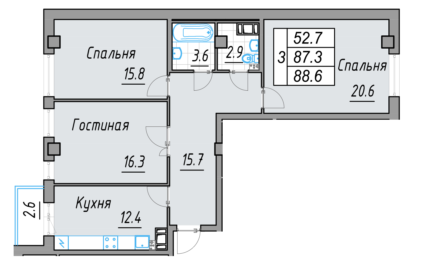 3-комнатная, 87 м² — ЖК Жилой дом 24 29