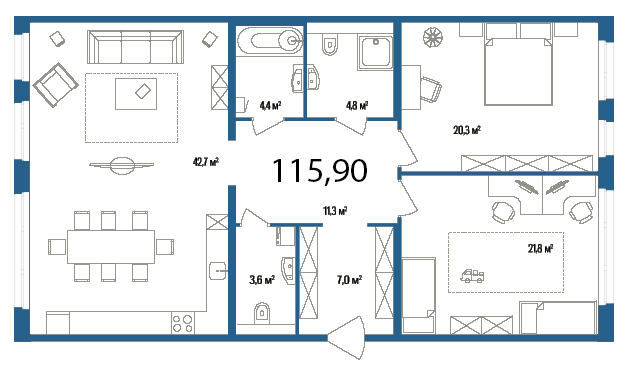 2-комнатная, 116 м² — ЖК Дом на улице Нижне-Каменская