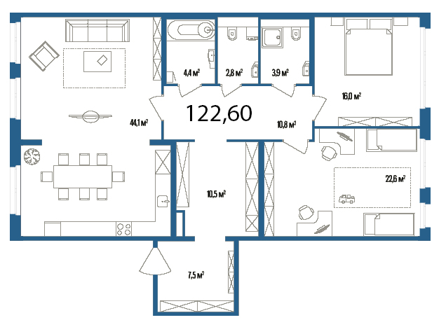2-комнатная, 123 м² — ЖК Дом на улице Нижне-Каменская