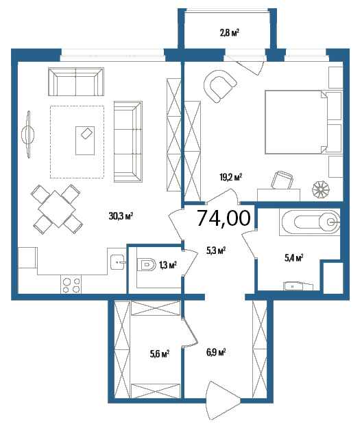 1-комнатная, 74 м² — ЖК Дом на улице Нижне-Каменская