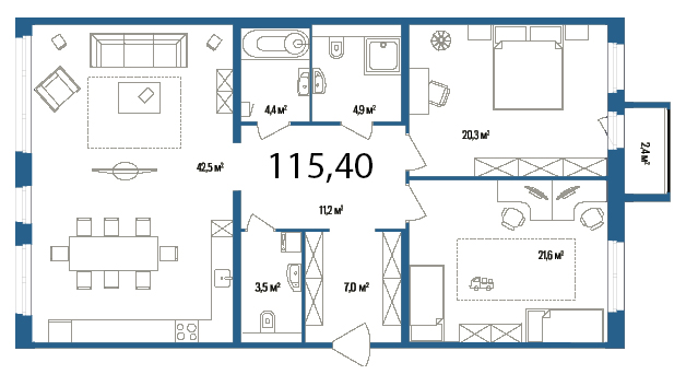 2-комнатная, 115 м² — ЖК Дом на улице Нижне-Каменская