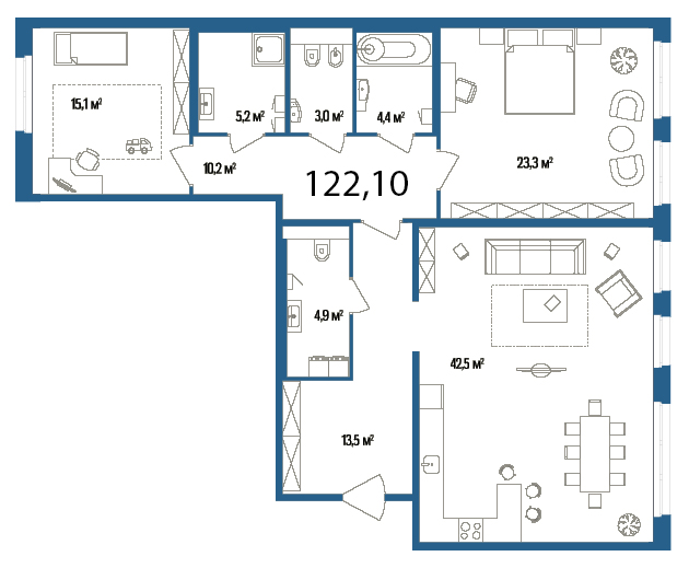 2-комнатная, 122 м² — ЖК Дом на улице Нижне-Каменская