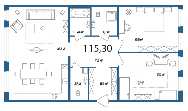2-комнатная, 115 м² — ЖК Дом на улице Нижне-Каменская