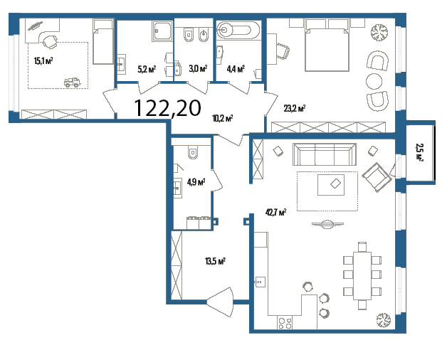 2-комнатная, 122 м² — ЖК Дом на улице Нижне-Каменская
