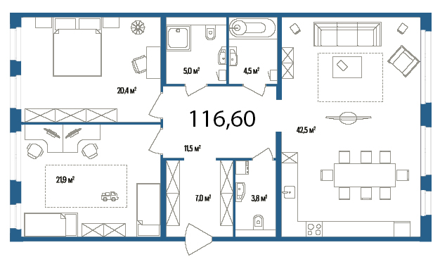 2-комнатная, 117 м² — ЖК Дом на улице Нижне-Каменская