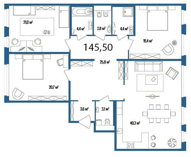 3-комнатная, 146 м² — ЖК Дом на улице Нижне-Каменская