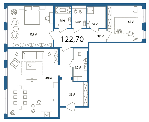 2-комнатная, 123 м² — ЖК Дом на улице Нижне-Каменская