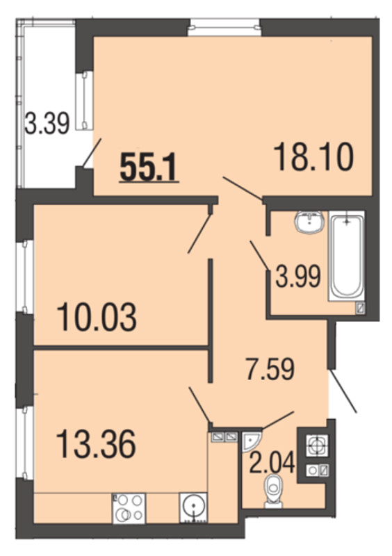 2-комнатная, 55 м² — ЖК ЖК ЭкоСити