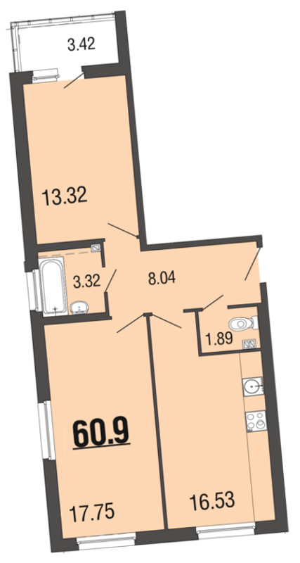 2-комнатная, 61 м² — ЖК ЖК ЭкоСити