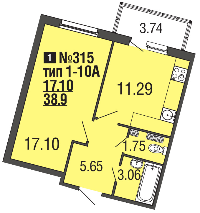 1-комнатная, 39 м² — ЖК ЖК ЭкоСити