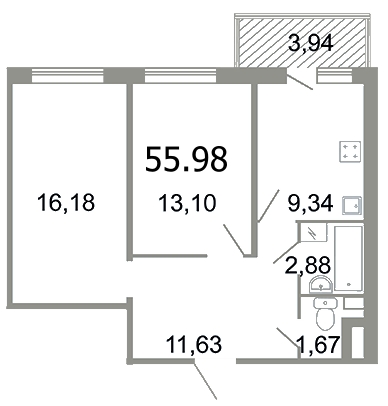 2-комнатная, 57 м² — ЖК ЖК Клёны