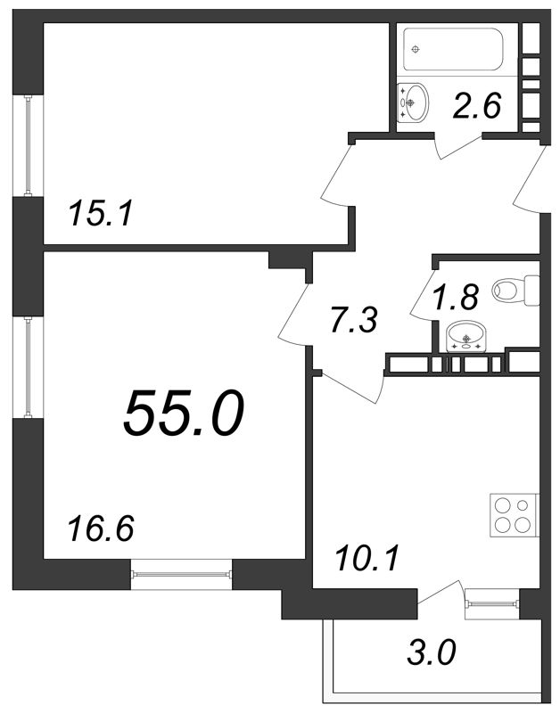 2-комнатная, 55 м² — ЖК ЖК ЗемлЯнино