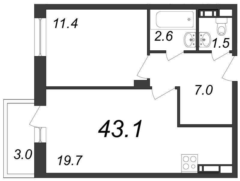 1-комнатная, 43 м² — ЖК ЖК ЗемлЯнино