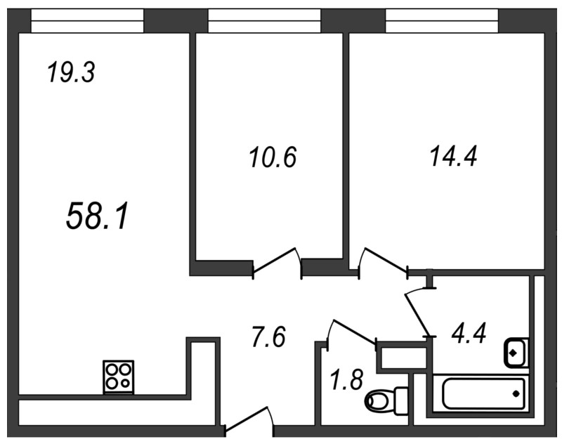 2-комнатная, 58 м² — ЖК ЖК Коллонтай, 2