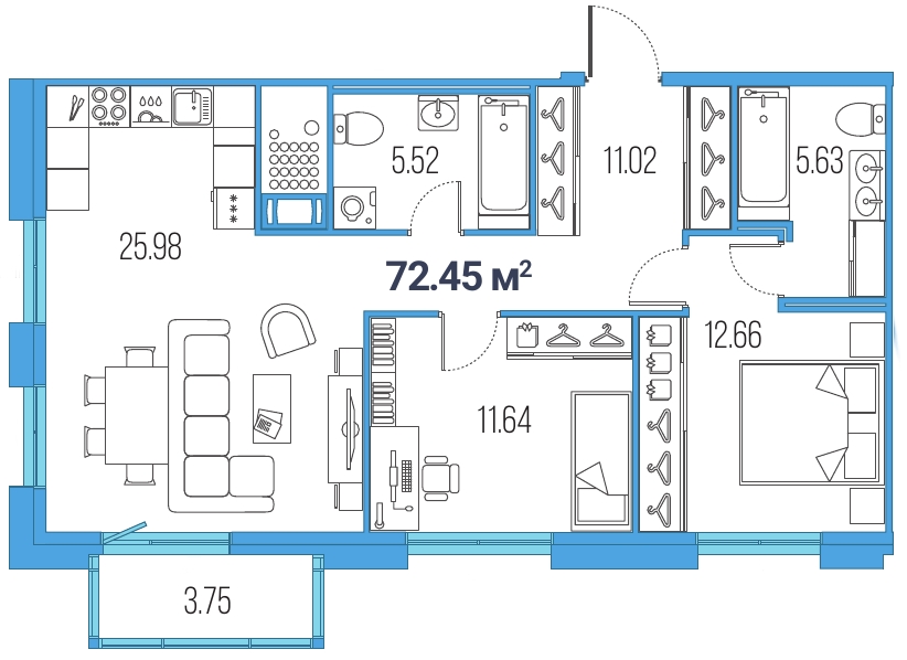2-комнатная, 72 м² — ЖК ЖК Legenda Героев
