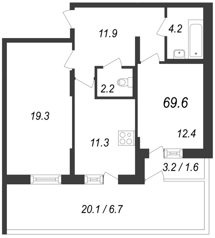 2-комнатная, 70 м² — ЖК ЖК Энфилд