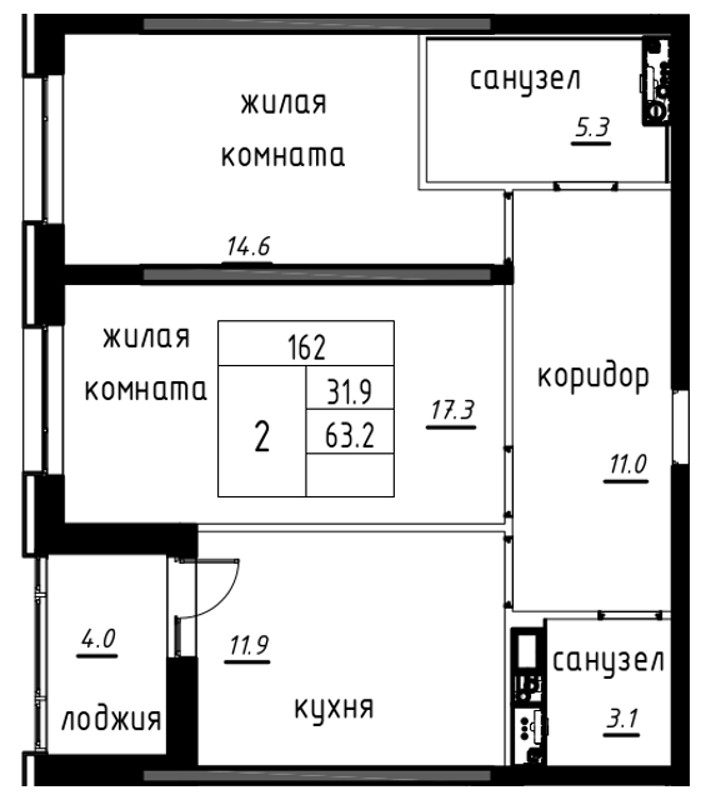 2-комнатная, 65 м² — ЖК ЖК Лайф Лесная