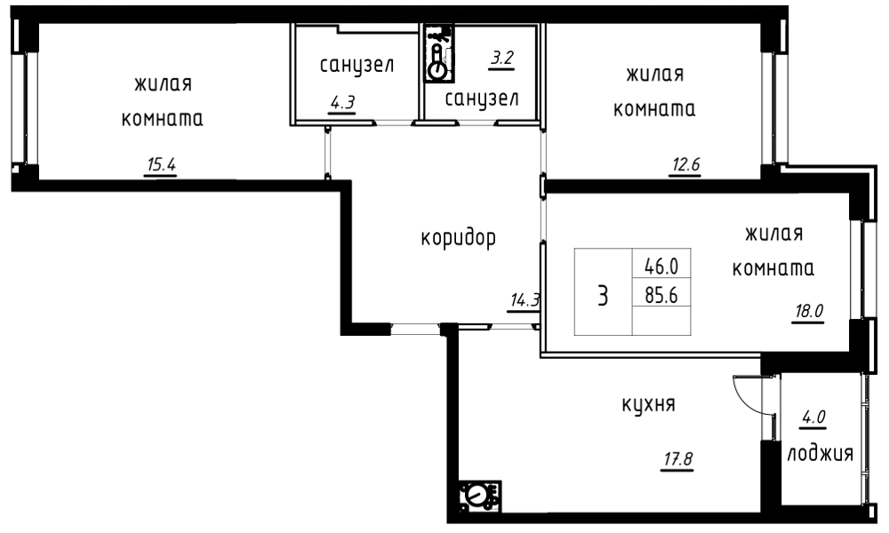 3-комнатная, 88 м² — ЖК ЖК Лайф Лесная