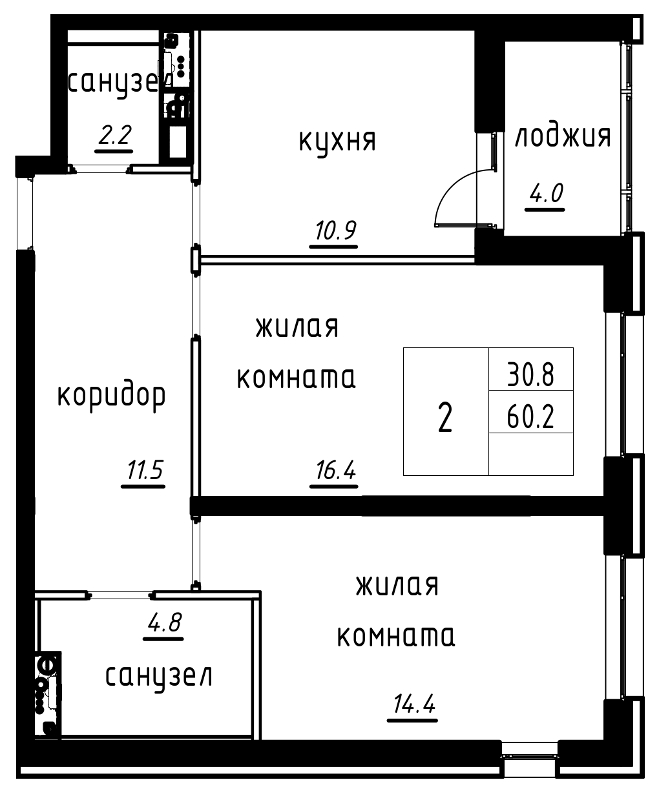 2-комнатная, 62 м² — ЖК ЖК Лайф Лесная