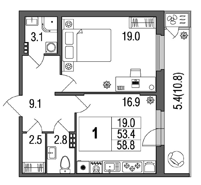 1-комнатная, 59 м² — ЖК ЖК Жемчужный берег