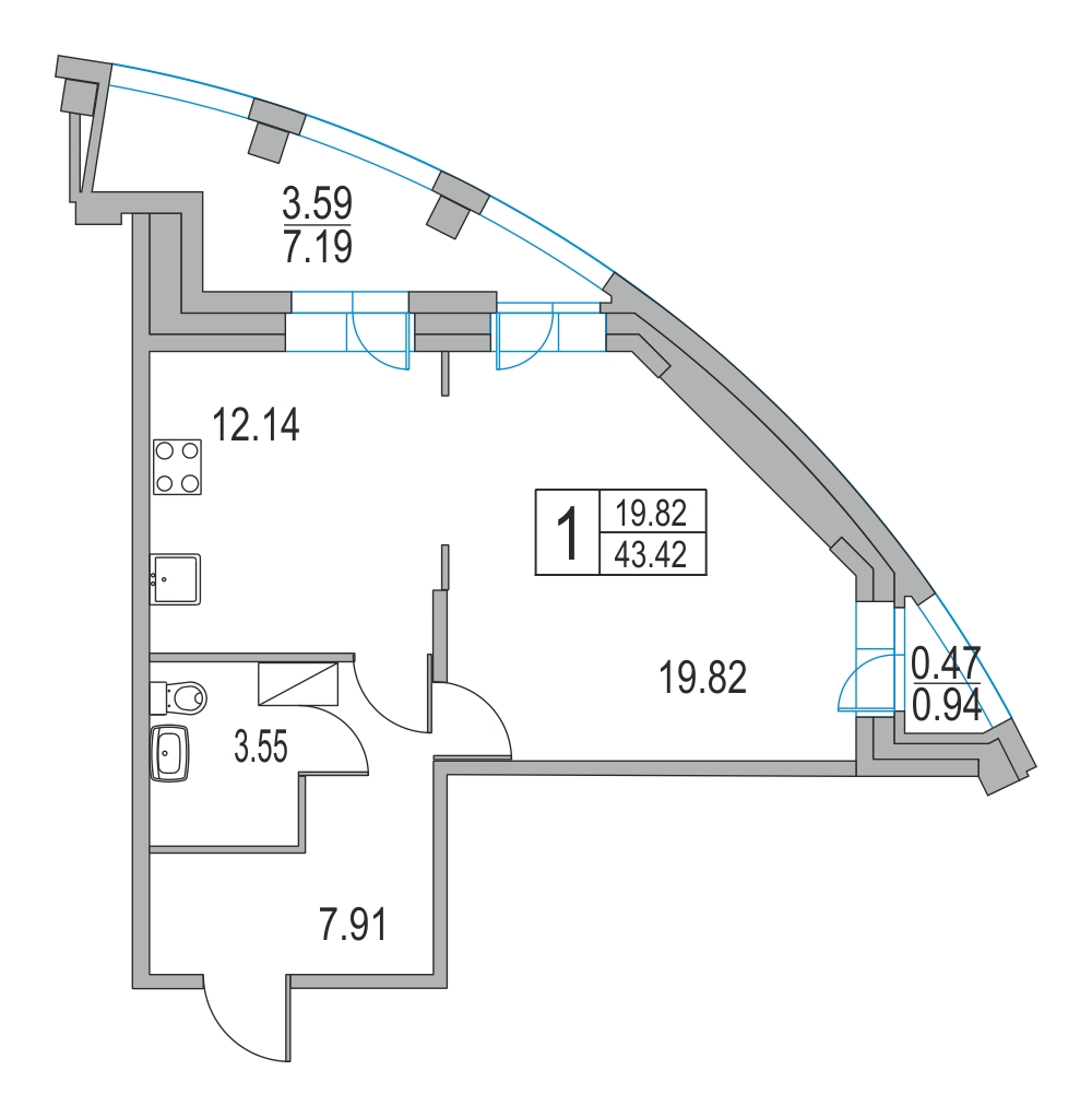 1-комнатная, 43 м² — ЖК ЖК Приморский квартал