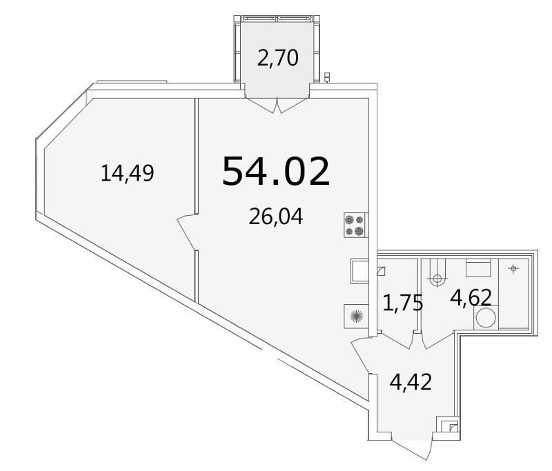 1-комнатная, 54 м² — ЖК Апарт-отель Грани (Апарт-отель Grani)