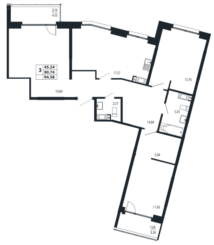 3-комнатная, 95 м² — ЖК ЖК Лиговский сити - Второй квартал (Ligovsky City)