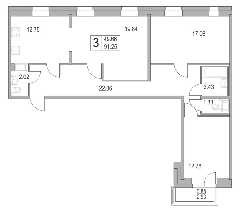 3-комнатная, 91 м² — ЖК ЖК Приморский квартал