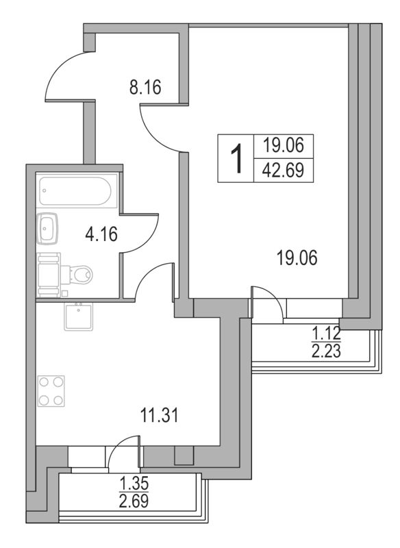 1-комнатная, 43 м² — ЖК ЖК Приморский квартал