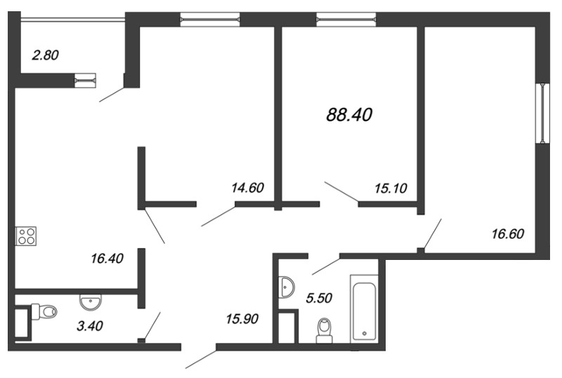 3-комнатная, 88 м² — ЖК ЖК Аист