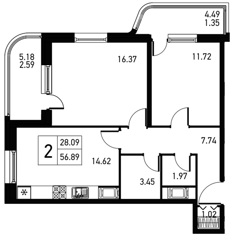 2-комнатная, 61 м² — ЖК ЖК Дом на Львовской