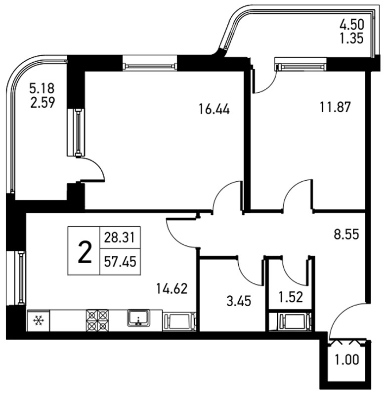 2-комнатная, 61 м² — ЖК ЖК Дом на Львовской