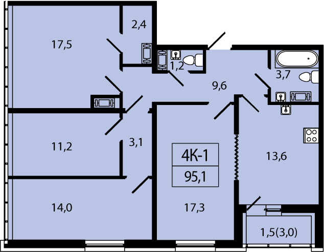 4-комнатная, 95 м² — ЖК ЖК Аист