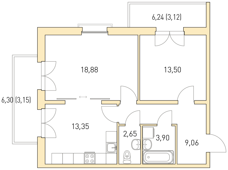 2-комнатная, 68 м² — ЖК ЖК Горки Парк
